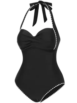 Online Retro Stage 1950s Halter Scallop-Trim One-Piece Swimsuit Black