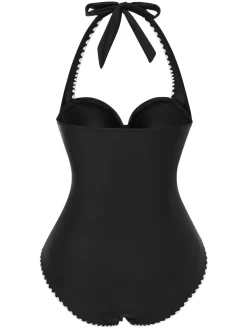 Online Retro Stage 1950s Halter Scallop-Trim One-Piece Swimsuit Black