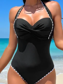 Online Retro Stage 1950s Halter Scallop-Trim One-Piece Swimsuit Black
