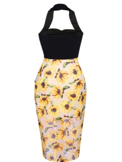 Outlet Retro Stage Black 1960s Halter Sunflower Pencil Dress Yellow