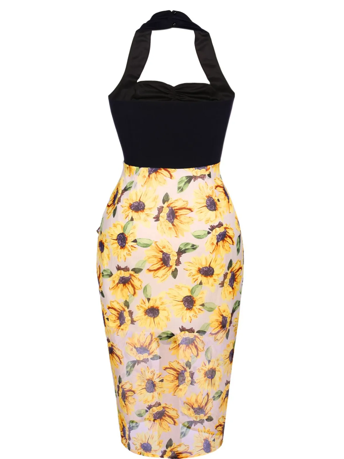 Outlet Retro Stage Black 1960s Halter Sunflower Pencil Dress Yellow