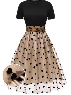 Online Retro Stage Black 1950s Heart Dot Swing Vintage Dress
