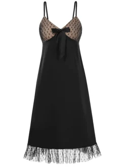 Sale Retro Stage 1950s Heart Dots Mesh Bow Nightgown Black