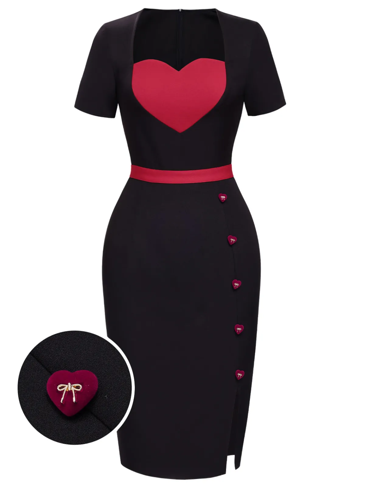 Sale Retro Stage 1960s Heart Neck Button Slit Dress Black