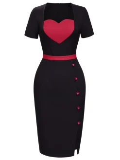 Sale Retro Stage 1960s Heart Neck Button Slit Dress Black
