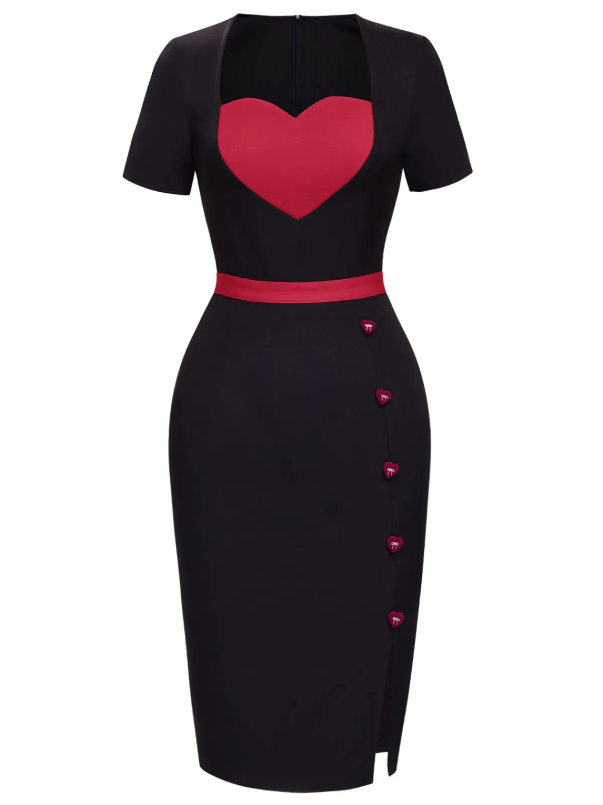 Sale Retro Stage 1960s Heart Neck Button Slit Dress Black