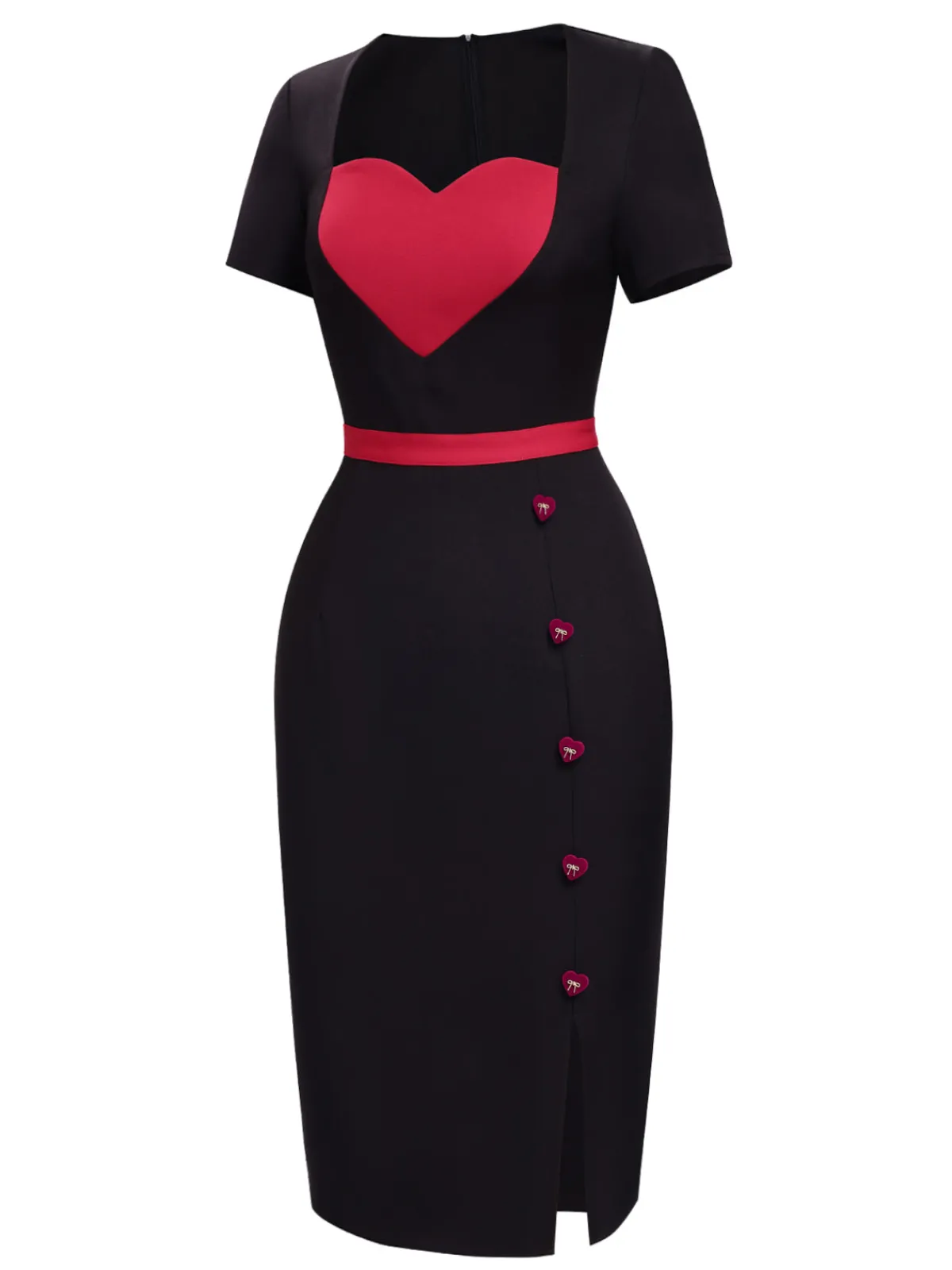 Sale Retro Stage 1960s Heart Neck Button Slit Dress Black