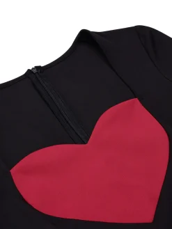 Sale Retro Stage 1960s Heart Neck Button Slit Dress Black