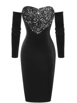 Clearance Retro Stage 1960s Heart Shape Sequined Patchwork Dress Black