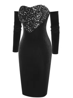 Clearance Retro Stage 1960s Heart Shape Sequined Patchwork Dress Black