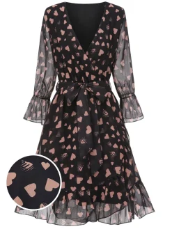Online Retro Stage 1940s Heart Sheer Sleeves Wrap Dress Black
