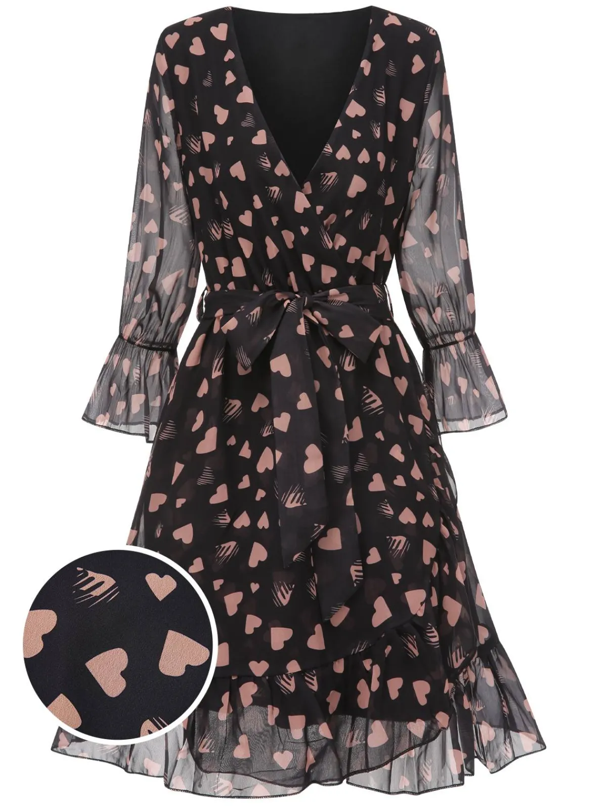 Online Retro Stage 1940s Heart Sheer Sleeves Wrap Dress Black