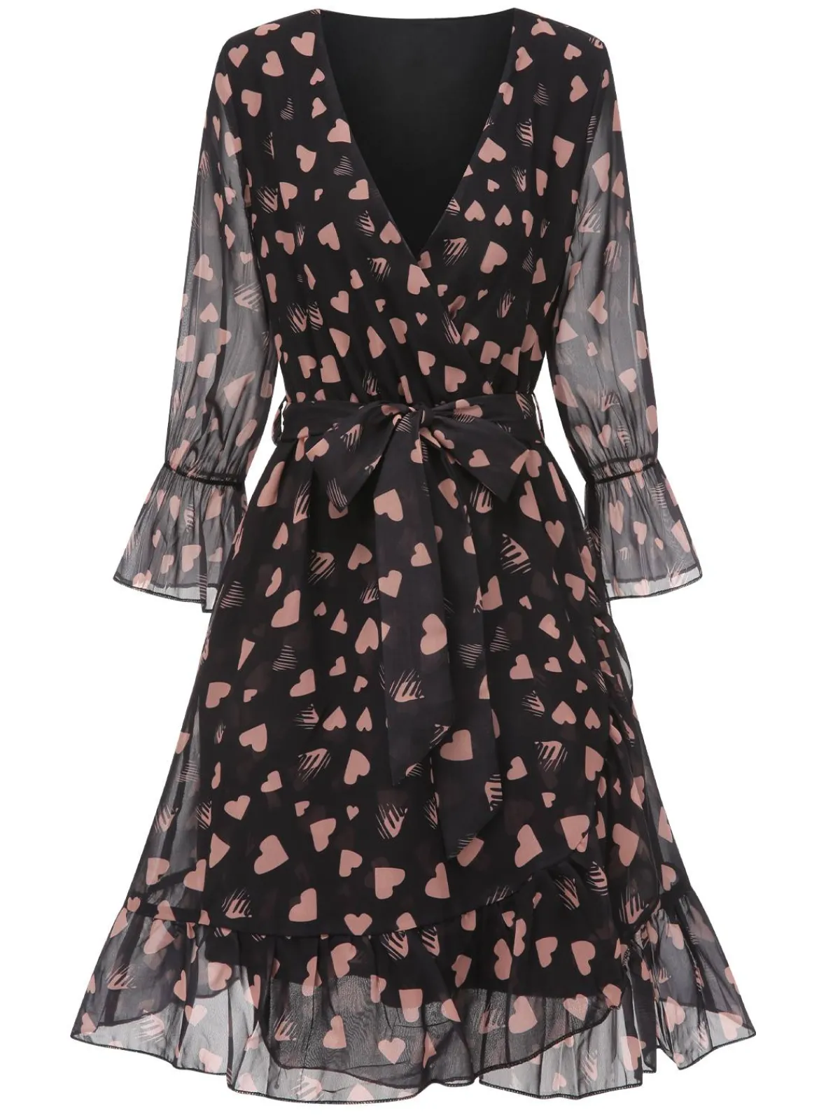 Online Retro Stage 1940s Heart Sheer Sleeves Wrap Dress Black