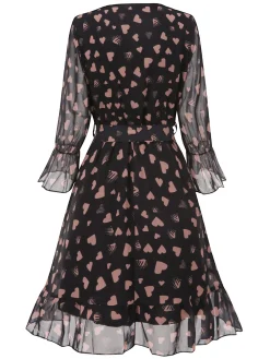 Online Retro Stage 1940s Heart Sheer Sleeves Wrap Dress Black