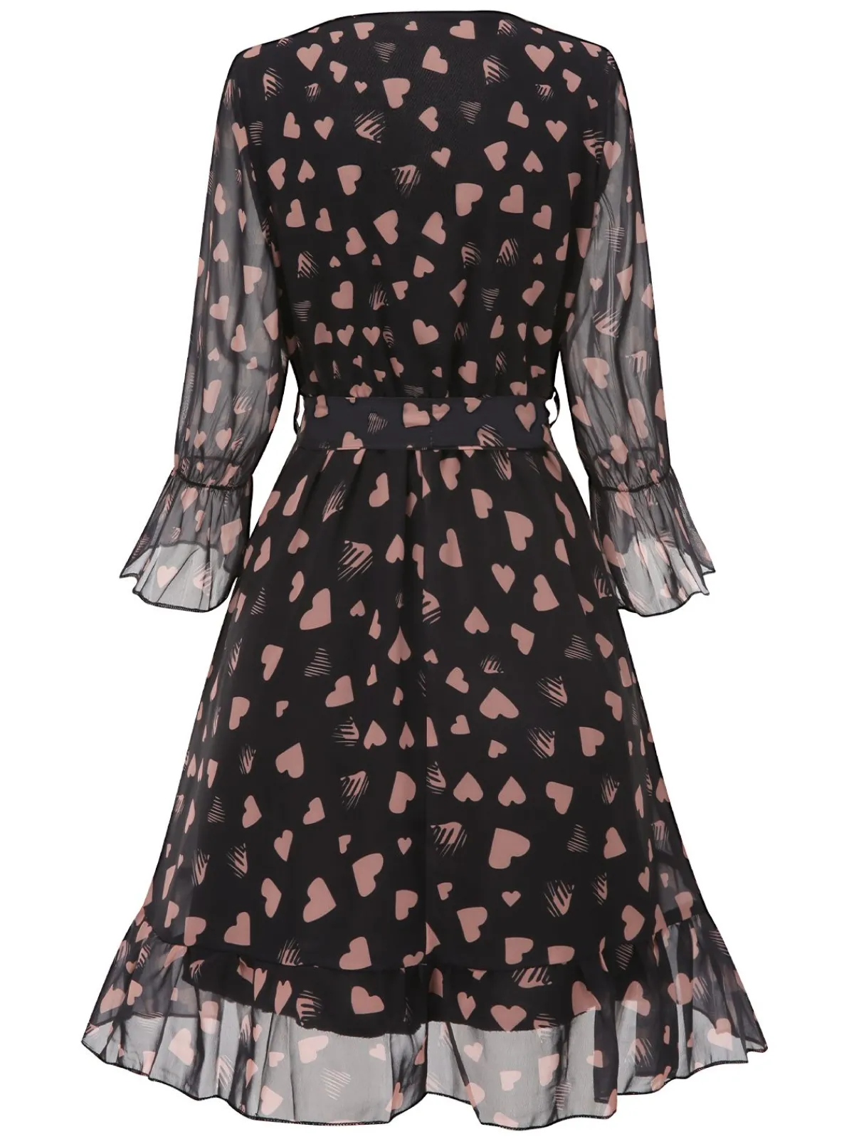 Online Retro Stage 1940s Heart Sheer Sleeves Wrap Dress Black