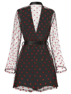 Outlet Retro Stage 1950s Hearts Dots Mesh Satin Sleep Robe Black