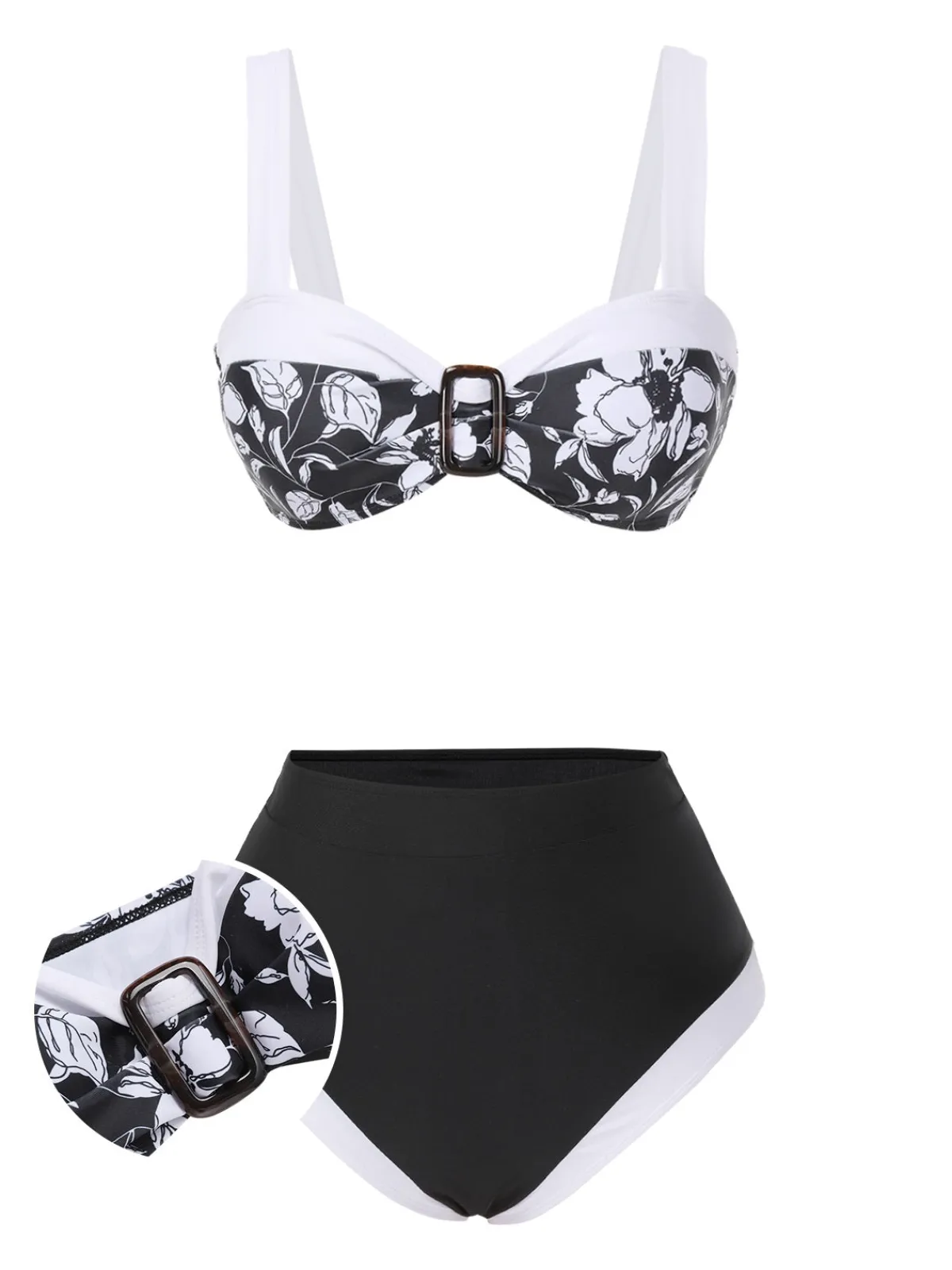 Best Retro Stage 1940s Hepburn Silhouette Floral Bikini Set Black