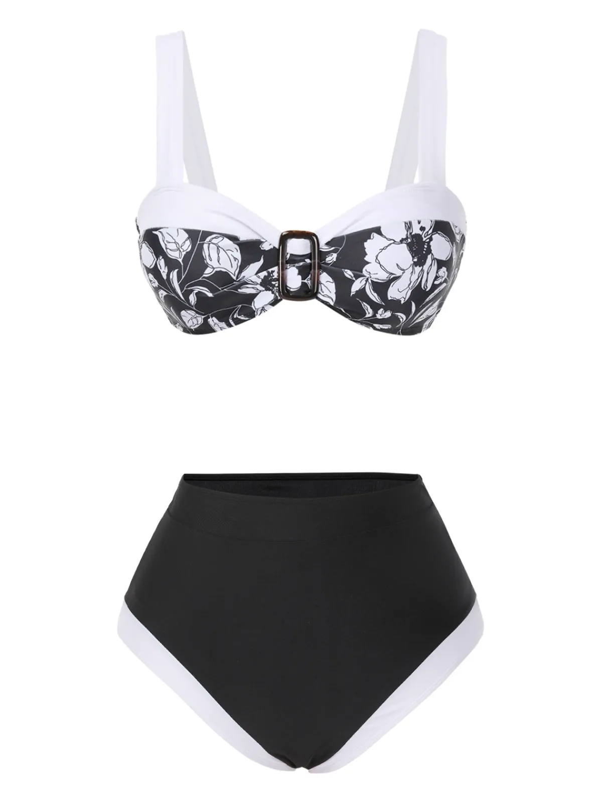 Best Retro Stage 1940s Hepburn Silhouette Floral Bikini Set Black