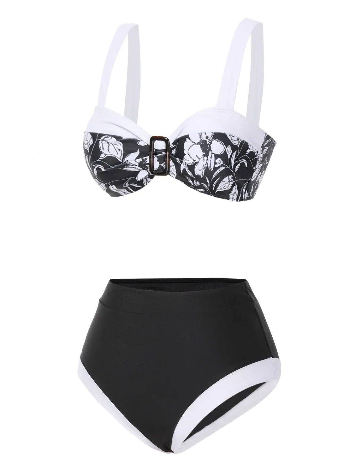 Best Retro Stage 1940s Hepburn Silhouette Floral Bikini Set Black