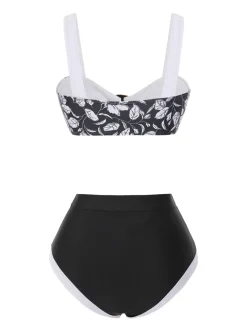 Best Retro Stage 1940s Hepburn Silhouette Floral Bikini Set Black