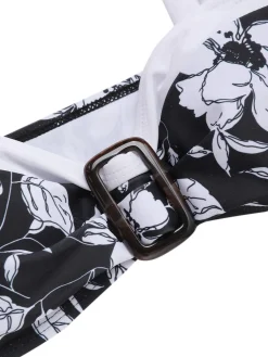 Best Retro Stage 1940s Hepburn Silhouette Floral Bikini Set Black