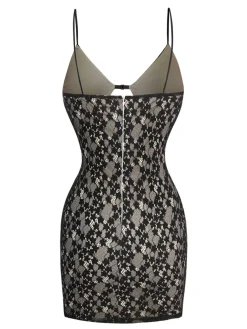 New Retro Stage 1960s Hollow Floral Lace Bodycon Dress Black