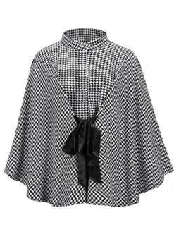 New Retro Stage Black 1950s Houndstooth Lace-Up Cloak Coat