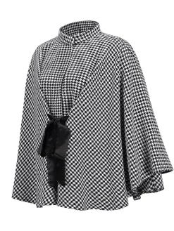 New Retro Stage Black 1950s Houndstooth Lace-Up Cloak Coat