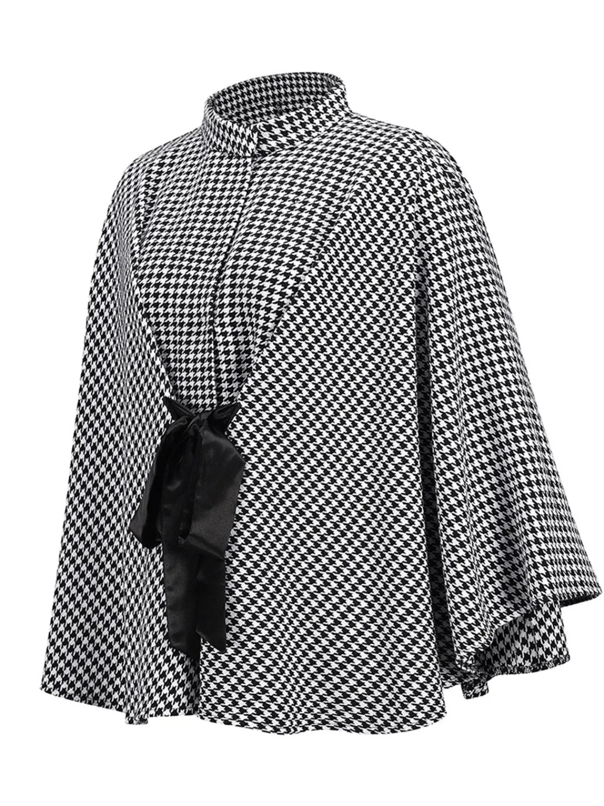 New Retro Stage Black 1950s Houndstooth Lace-Up Cloak Coat