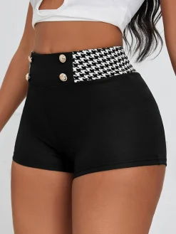 Outlet Retro Stage 1970s Houndstooth Patchwork Tight Shorts Black