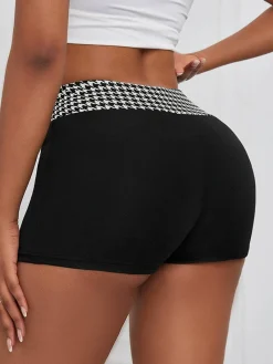 Outlet Retro Stage 1970s Houndstooth Patchwork Tight Shorts Black