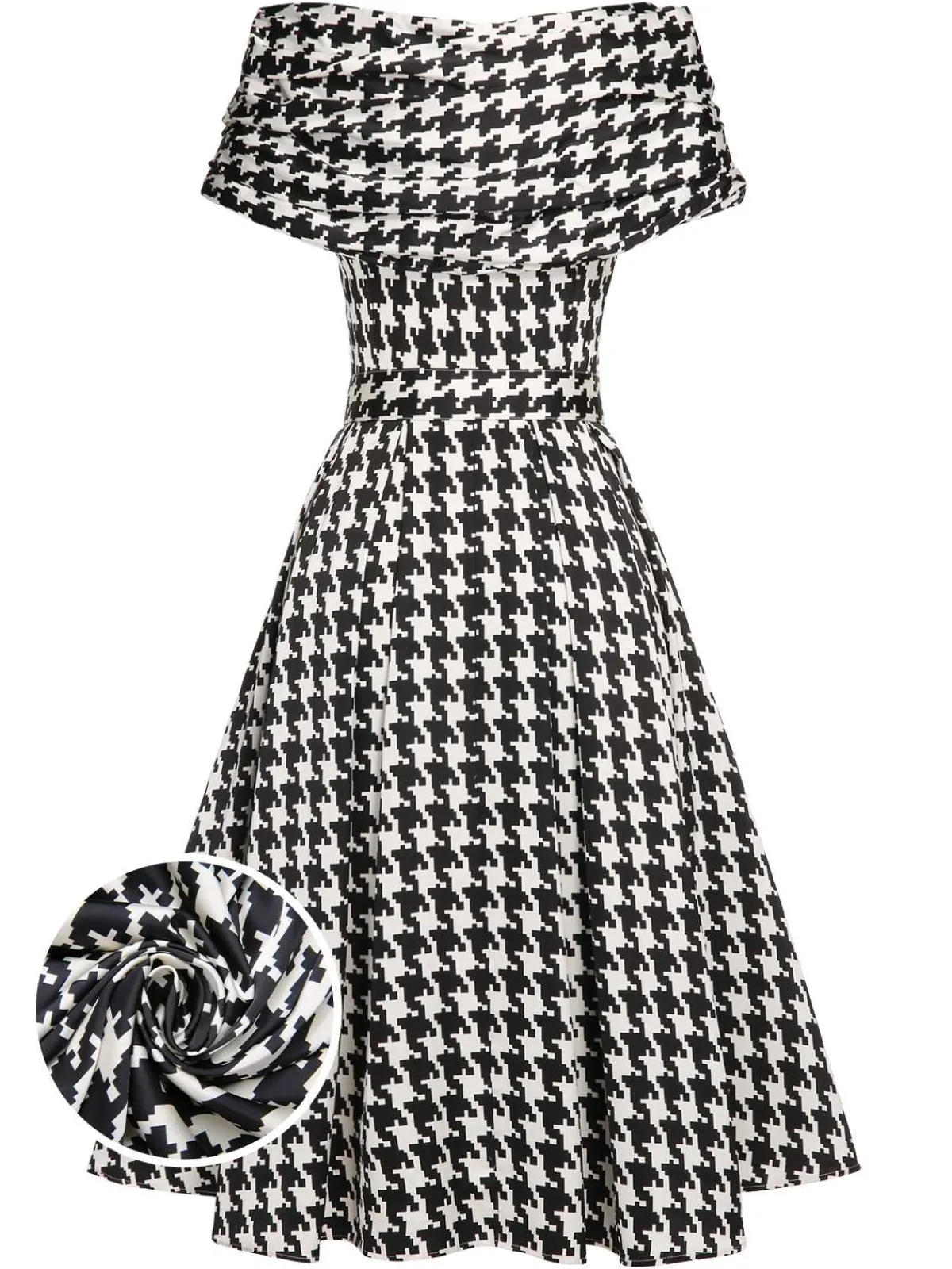 Sale Retro Stage Black 1950s Houndstooth Short Sleeve Belted Dress Black&Beige