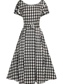 Sale Retro Stage Black 1950s Houndstooth Short Sleeve Belted Dress Black&Beige