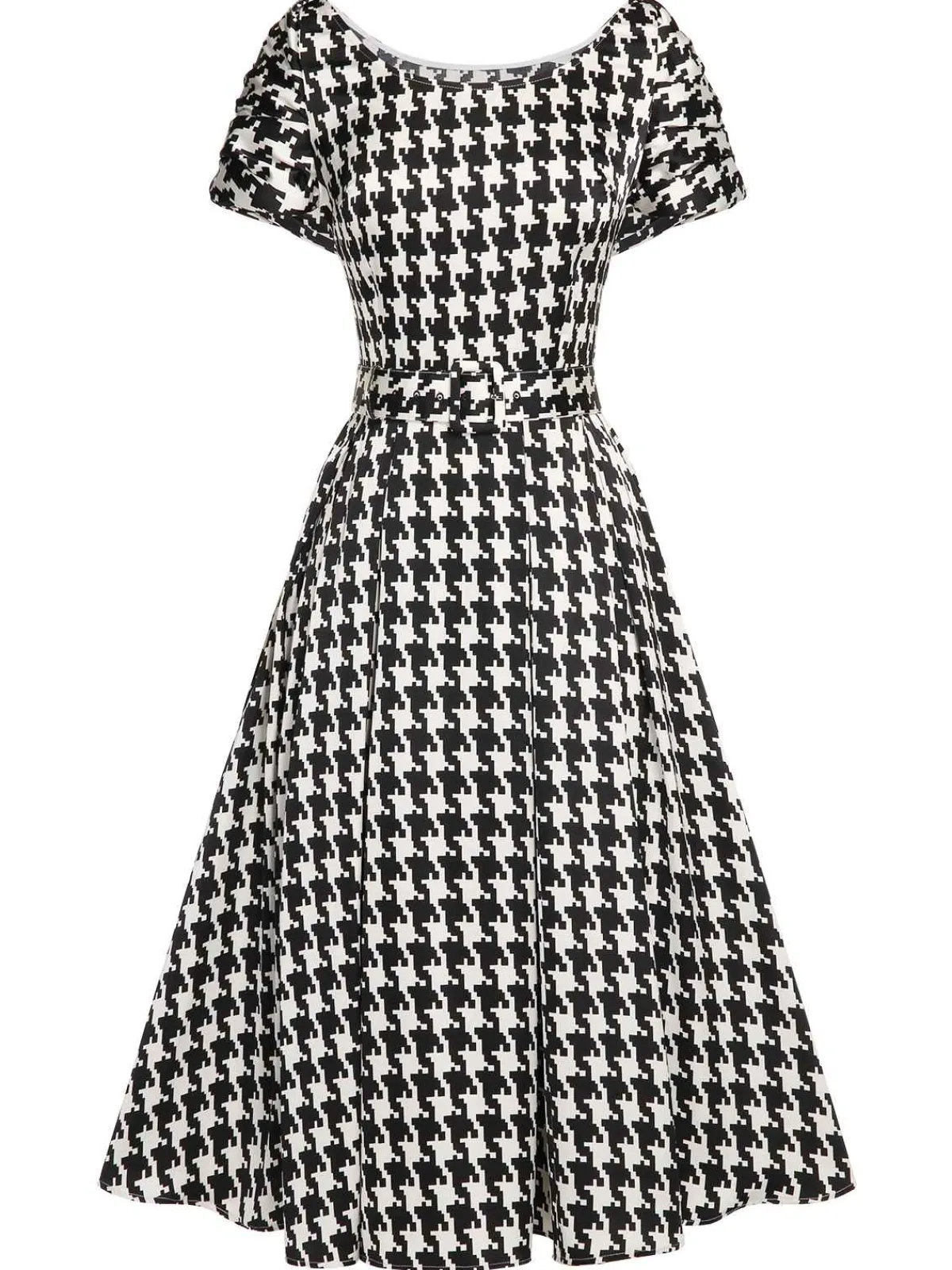 Sale Retro Stage Black 1950s Houndstooth Short Sleeve Belted Dress Black&Beige