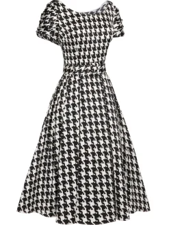 Sale Retro Stage Black 1950s Houndstooth Short Sleeve Belted Dress Black&Beige