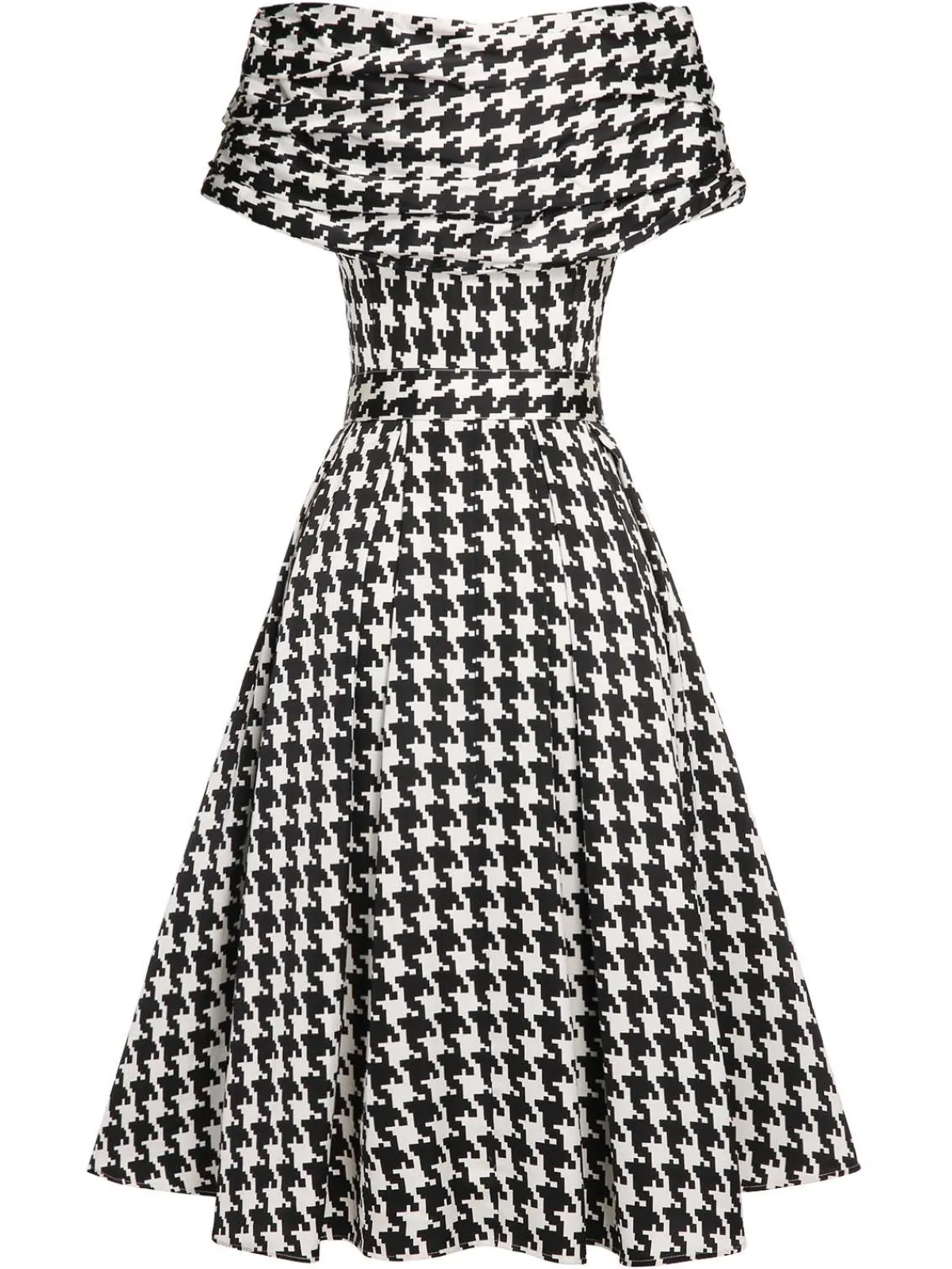 Sale Retro Stage Black 1950s Houndstooth Short Sleeve Belted Dress Black&Beige
