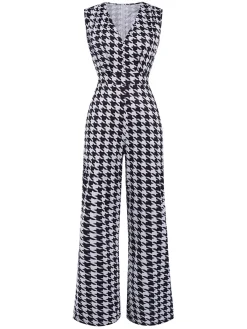 Discount Retro Stage 1930s Houndstooth V-Neck Sleeveless Jumpsuit Black