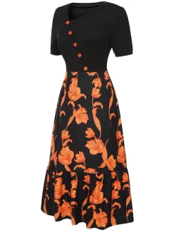 Hot Retro Stage 1930s Irregular Neckline Floral Patchwork Dress Black