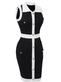 Hot Retro Stage Black 1960s Knitted Lapel Patchwork Dress