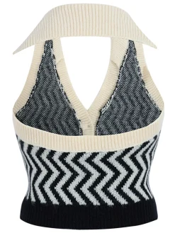 Clearance Retro Stage 1950s Knitting Stripes Halter Button Tops Black