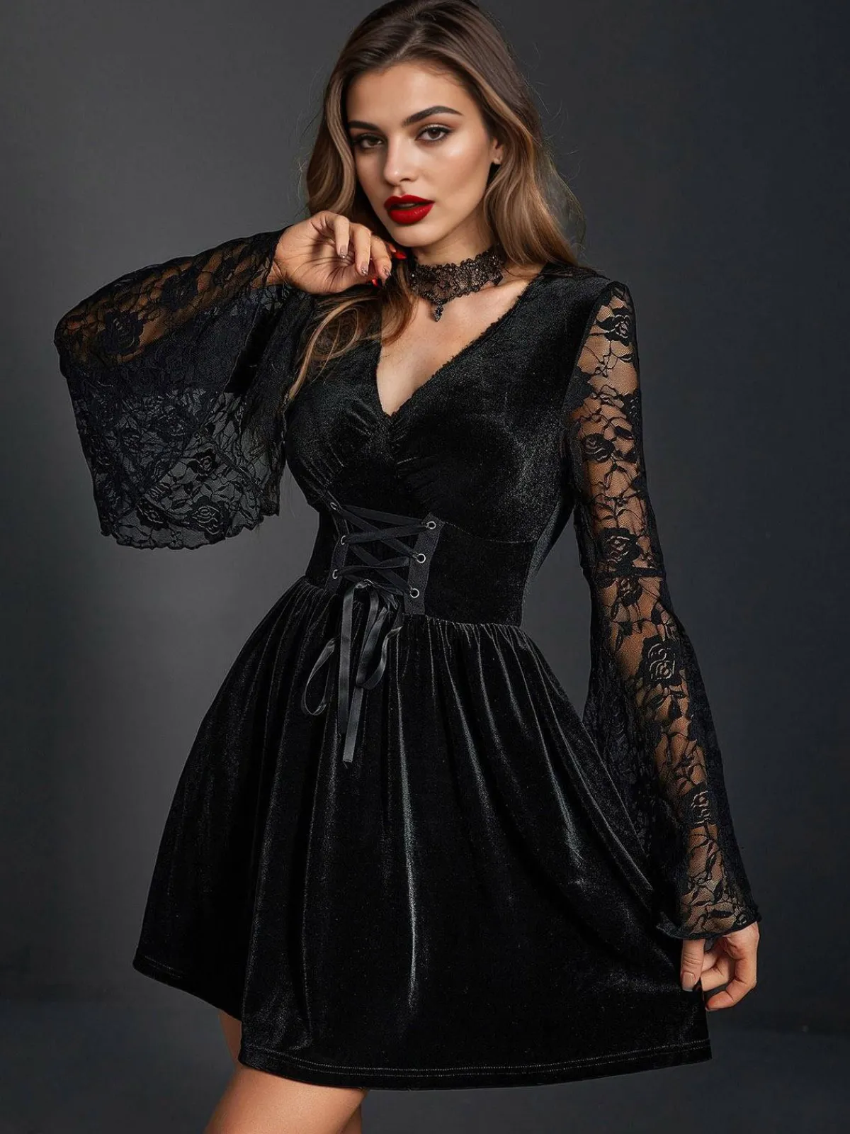 Online Retro Stage 1970s Lace Bat Sleeves Velvet Dress Black