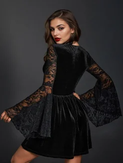 Online Retro Stage 1970s Lace Bat Sleeves Velvet Dress Black
