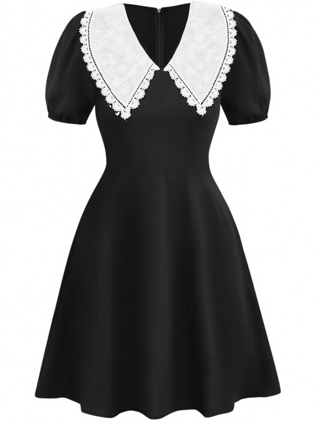 Hot Retro Stage 1960s Lace Collar Puff Sleeve Dress Black