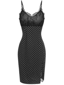 New Retro Stage 1960s Lace Dots Patchwork Straps Nightdress Black