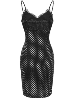 New Retro Stage 1960s Lace Dots Patchwork Straps Nightdress Black