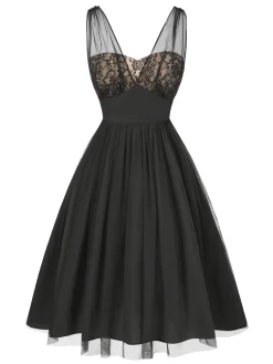 Outlet Retro Stage 1950s Lace Floral Mesh Swing Dress Black