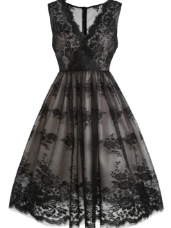 Online Retro Stage 1950s Lace Floral Swing Dress Black