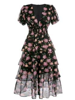 Hot Retro Stage 1950s Lace Flowers Swing Dress Black