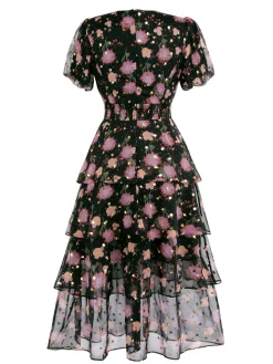 Hot Retro Stage 1950s Lace Flowers Swing Dress Black
