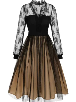 New Retro Stage 1950s Lace Patchwork Mesh Dress Black